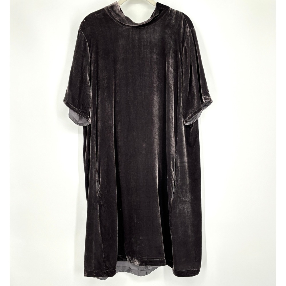 Eileen Fisher Velvet Shift Mini Dress Silk Gray Short Sleeve Mock Neck Size L - Picture 5 of 13